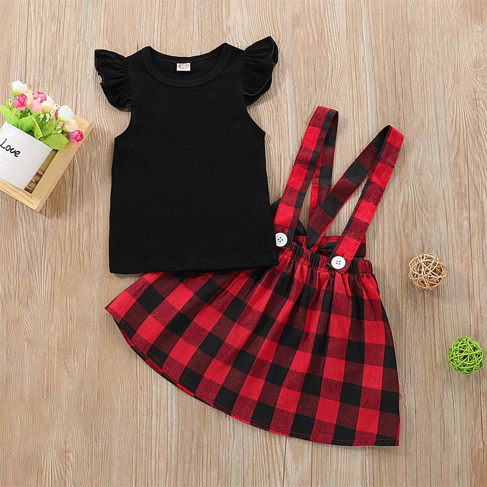 Girls Flying Sleeve Top & Plaid Suspender Skirt trendy kids wholesale clothing