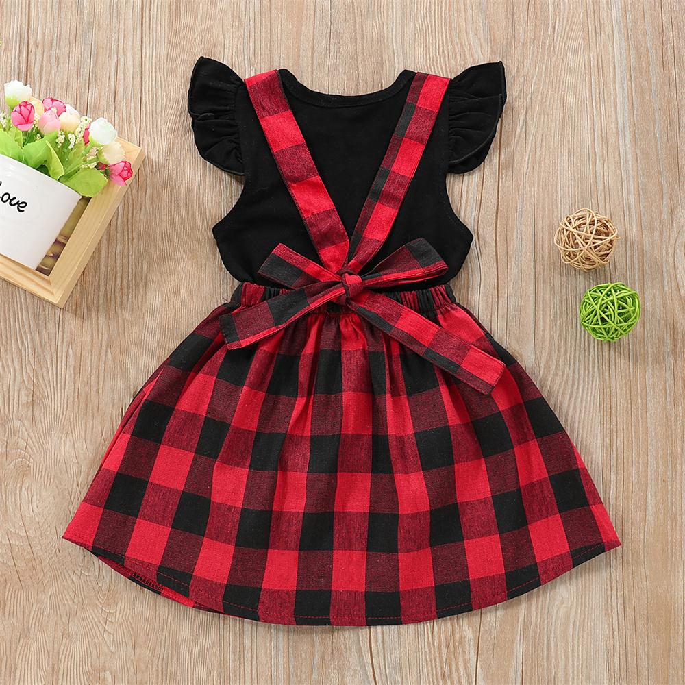 Girls Flying Sleeve Top & Plaid Suspender Skirt trendy kids wholesale clothing