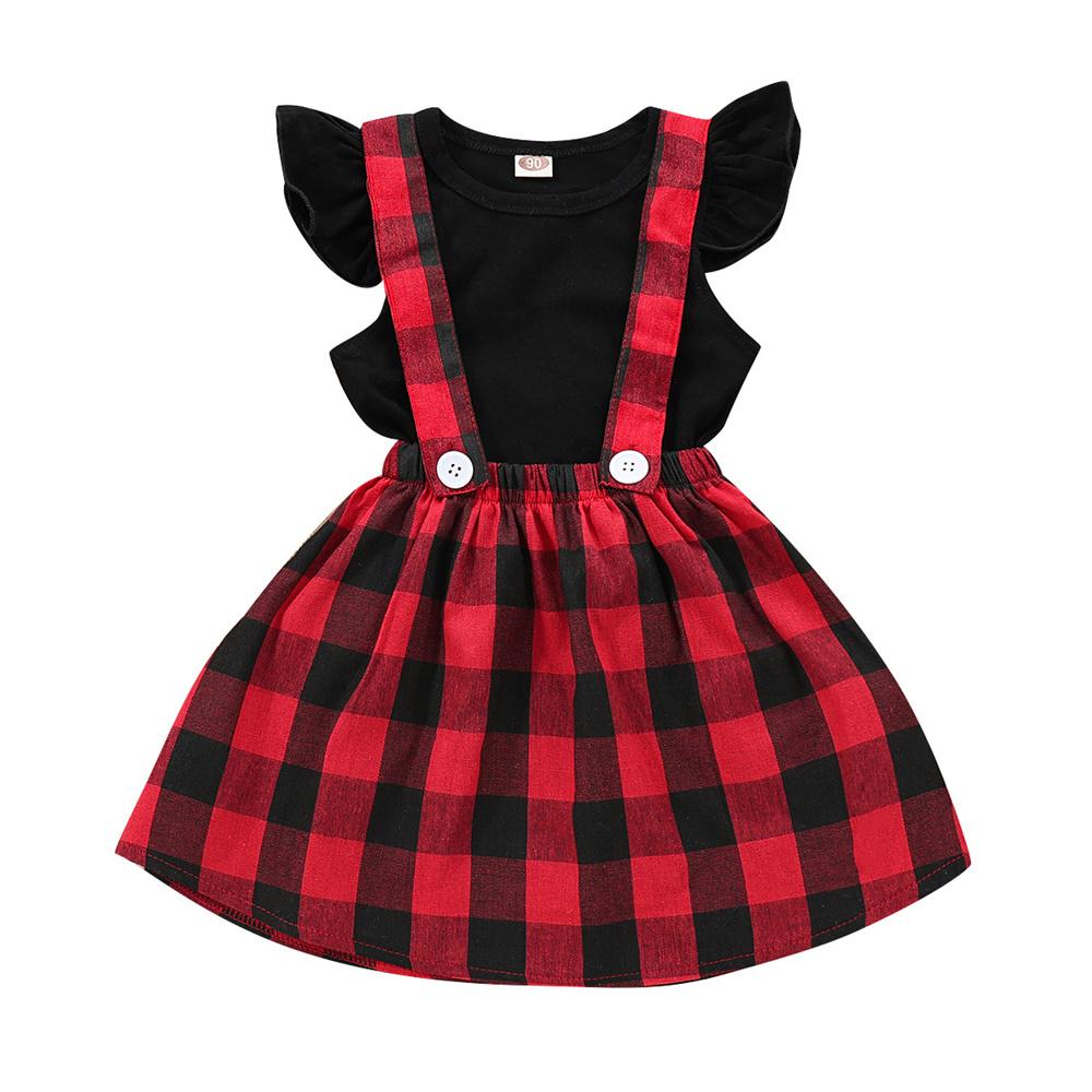 Girls Flying Sleeve Top & Plaid Suspender Skirt trendy kids wholesale clothing