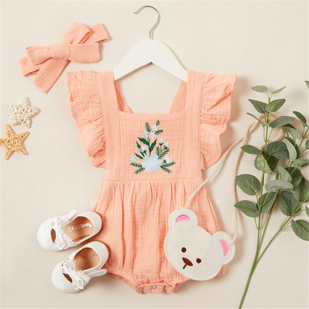 Baby Girls Foral Embroidery Sleeveless Ruffled Romper & Headband Wholesale Baby Clothes
