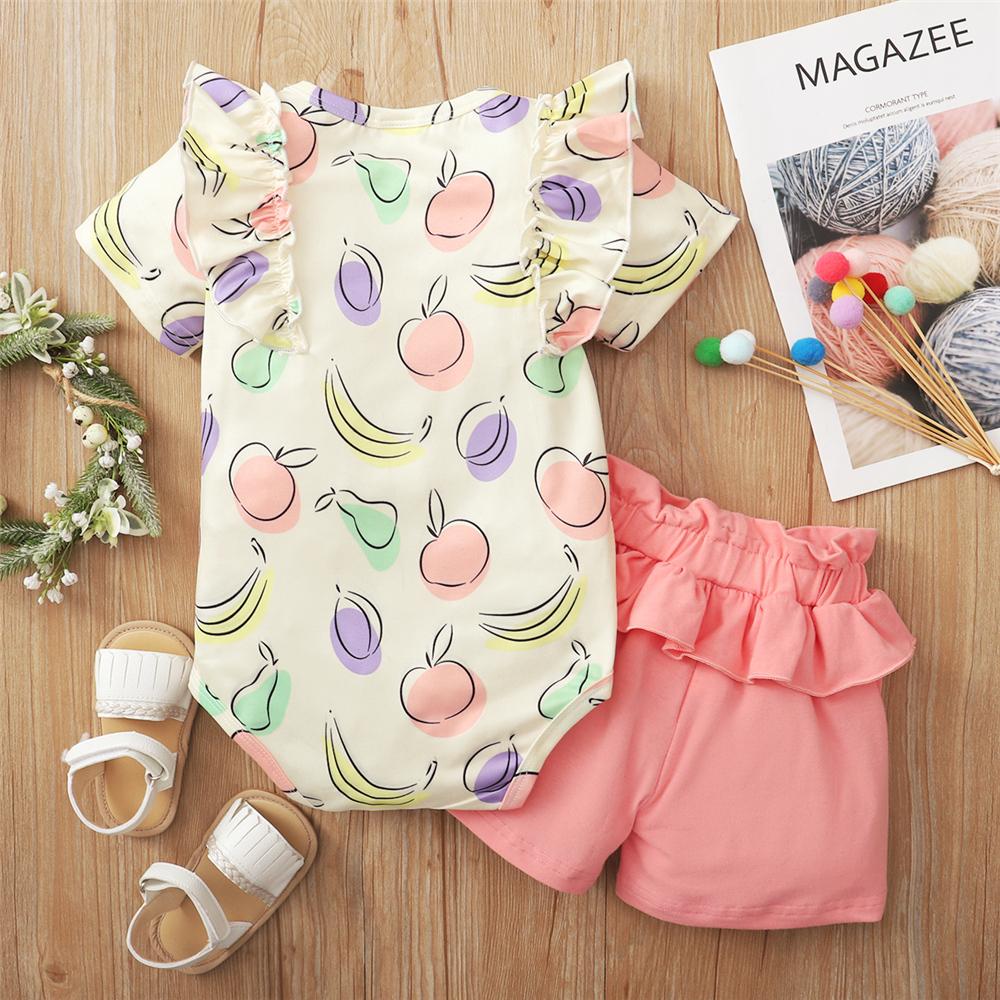 Baby Girls Fruit Printed Ruffled Short Sleeve Ruffled Romper & Solid Shorts baby clothes vendors