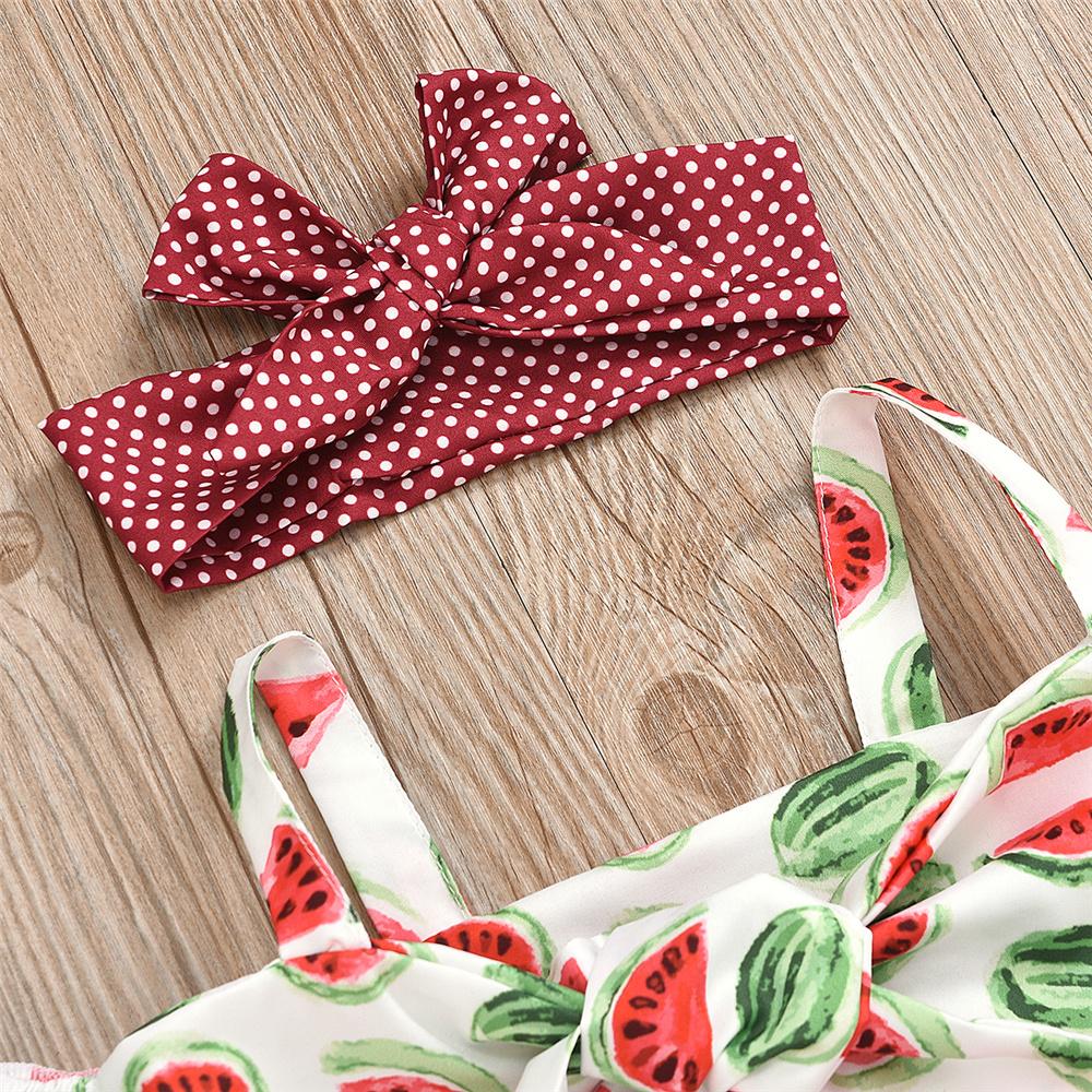 Girls Fruit Printed Short Sleeve Sling Top & Polka Dot Skirt & Headband Kids Wholesale Clothing