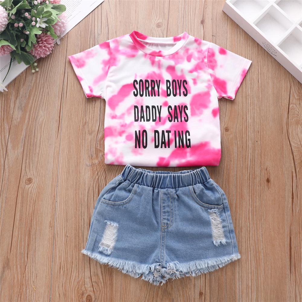 Girls Letter Printed Tie Dye T-shirt & Denim Ripped Shorts t zrendy kids wholesale clothing