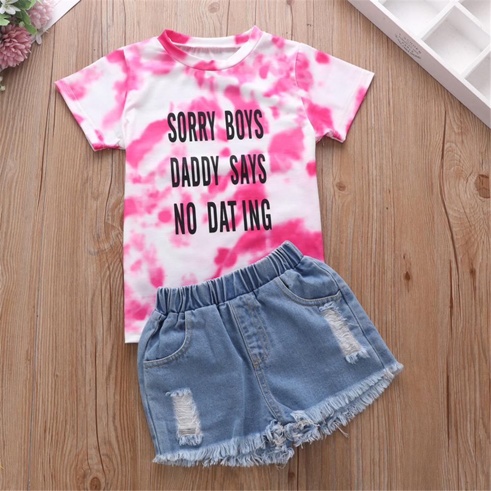 Girls Letter Printed Tie Dye T-shirt & Denim Ripped Shorts t zrendy kids wholesale clothing