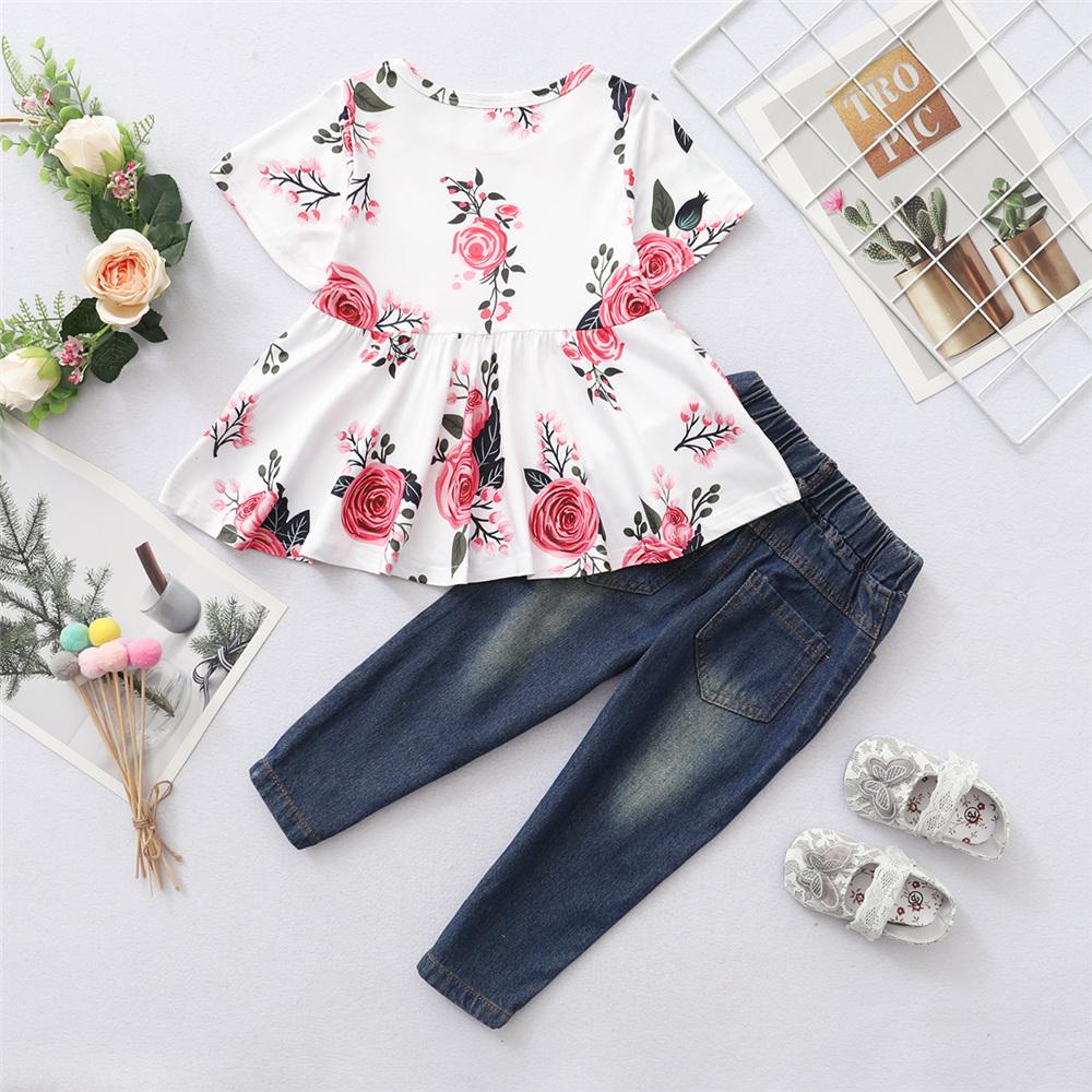 Girls Short Sleeve Floral Printed Fashion Top & Ripped Jeans trendy kids wholesale clothing