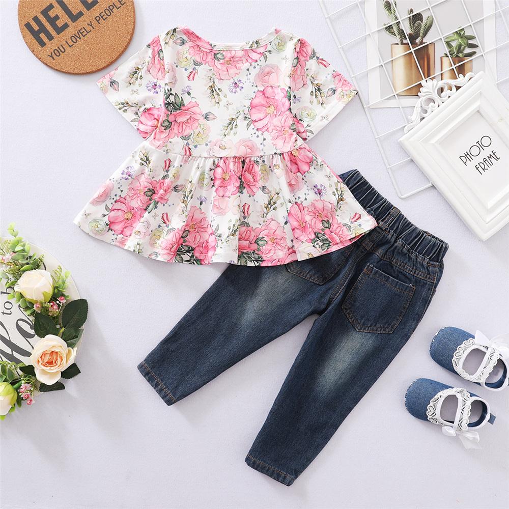 Girls Short Sleeve Floral Printed Fashion Top & Ripped Jeans trendy kids wholesale clothing