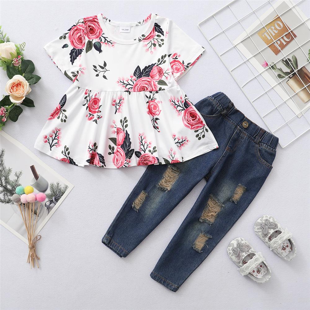 Girls Short Sleeve Floral Printed Fashion Top & Ripped Jeans trendy kids wholesale clothing