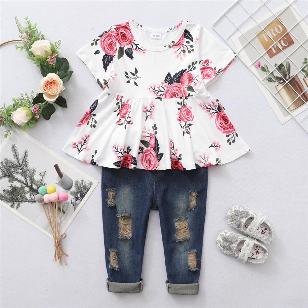 Girls Short Sleeve Floral Printed Fashion Top & Ripped Jeans trendy kids wholesale clothing