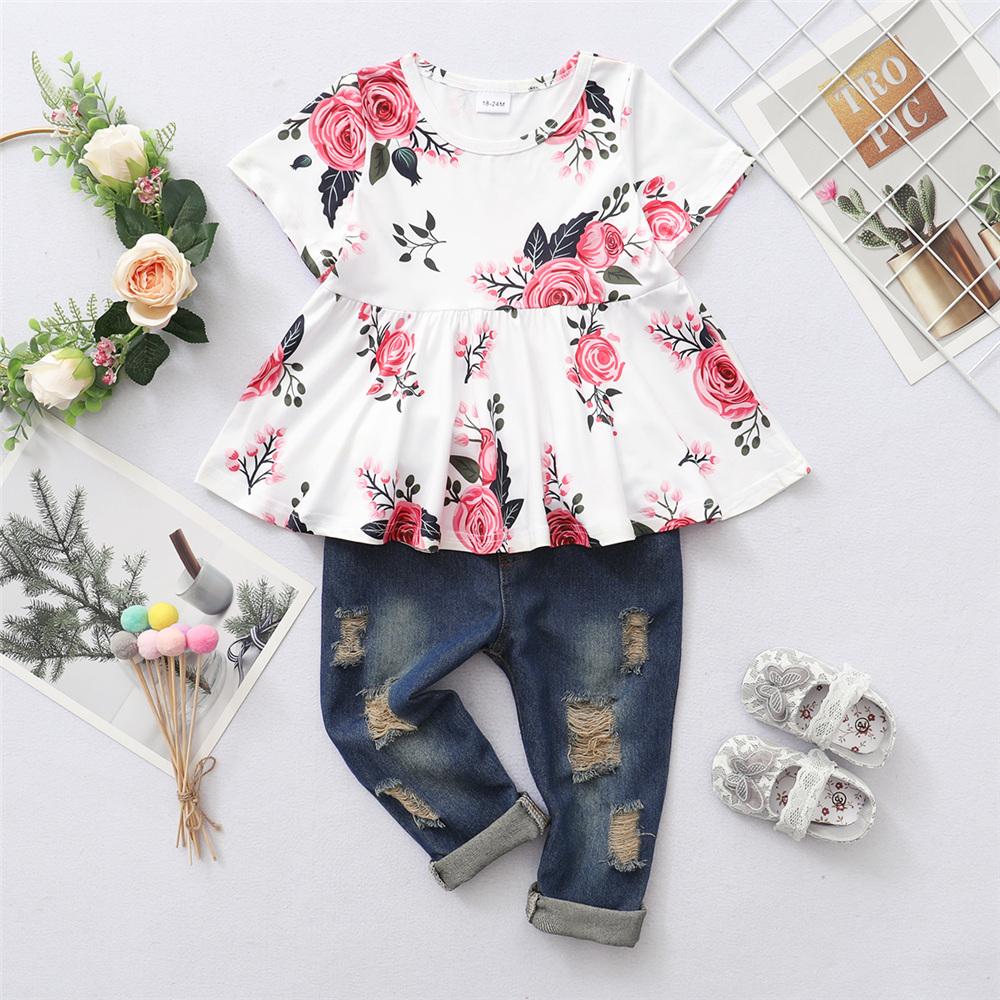 Girls Short Sleeve Floral Printed Fashion Top & Ripped Jeans trendy kids wholesale clothing