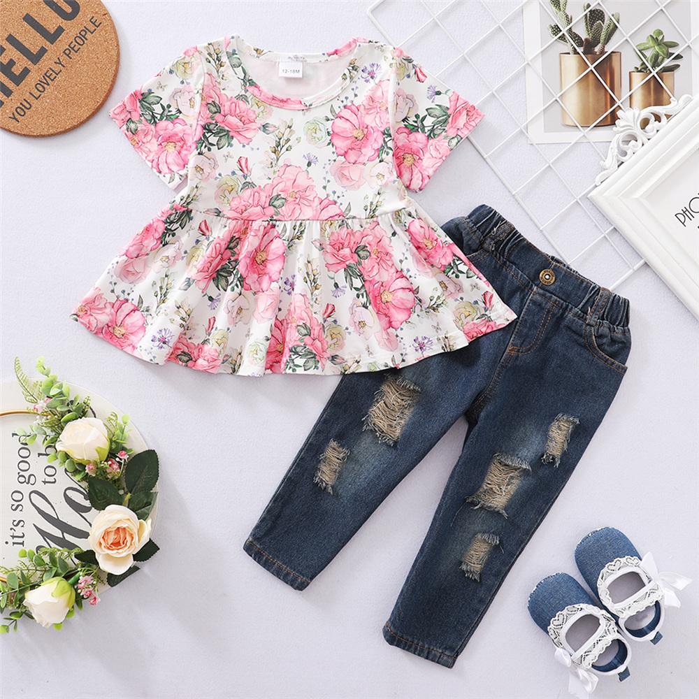 Girls Short Sleeve Floral Printed Fashion Top & Ripped Jeans trendy kids wholesale clothing