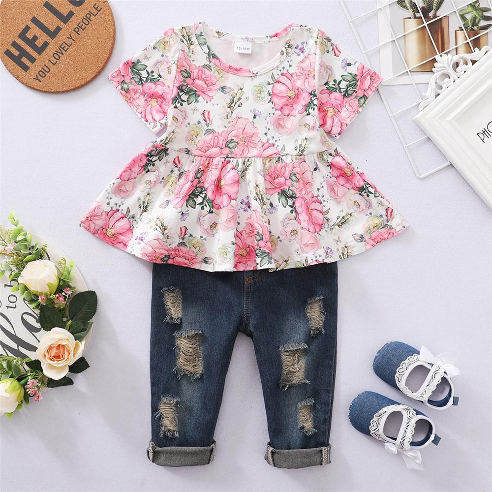 Girls Short Sleeve Floral Printed Fashion Top & Ripped Jeans trendy kids wholesale clothing