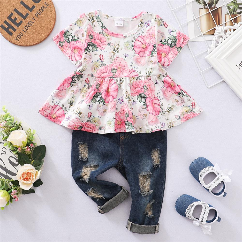 Girls Short Sleeve Floral Printed Fashion Top & Ripped Jeans trendy kids wholesale clothing