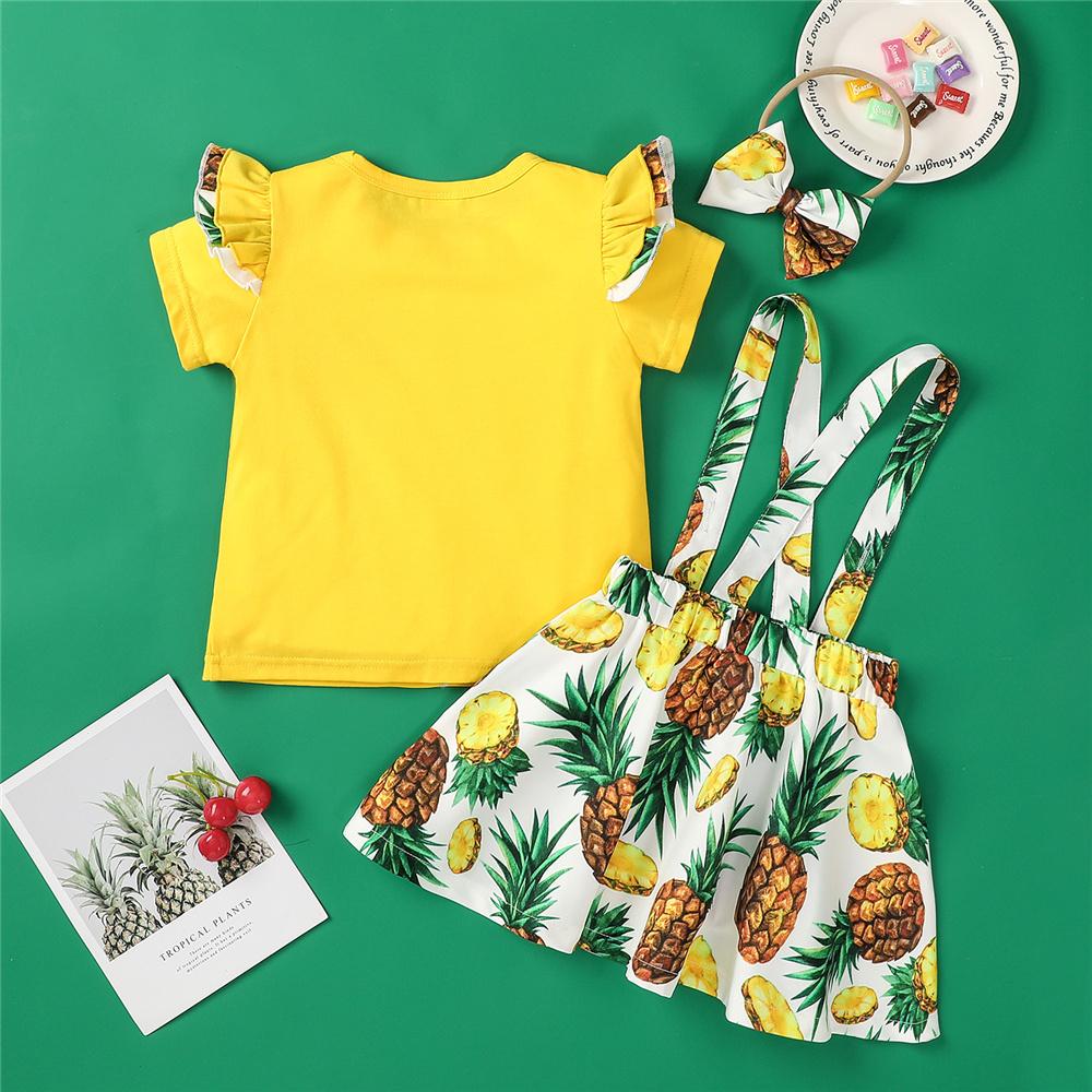 Girls Short Sleeve Fruit Printed Top & Suspender Skirt & Headband