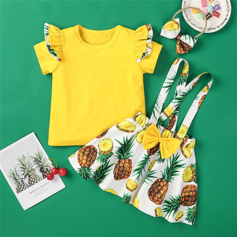 Girls Short Sleeve Fruit Printed Top & Suspender Skirt & Headband