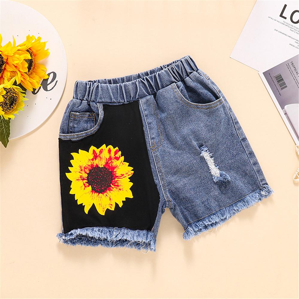 Girls Sleeveless Sunflower Printed Top & Denim Shorts kids clothing wholesale