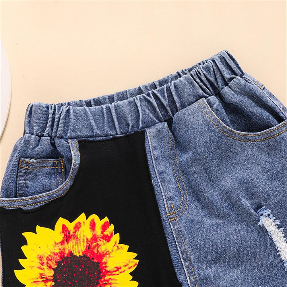 Girls Sleeveless Sunflower Printed Top & Denim Shorts kids clothing wholesale