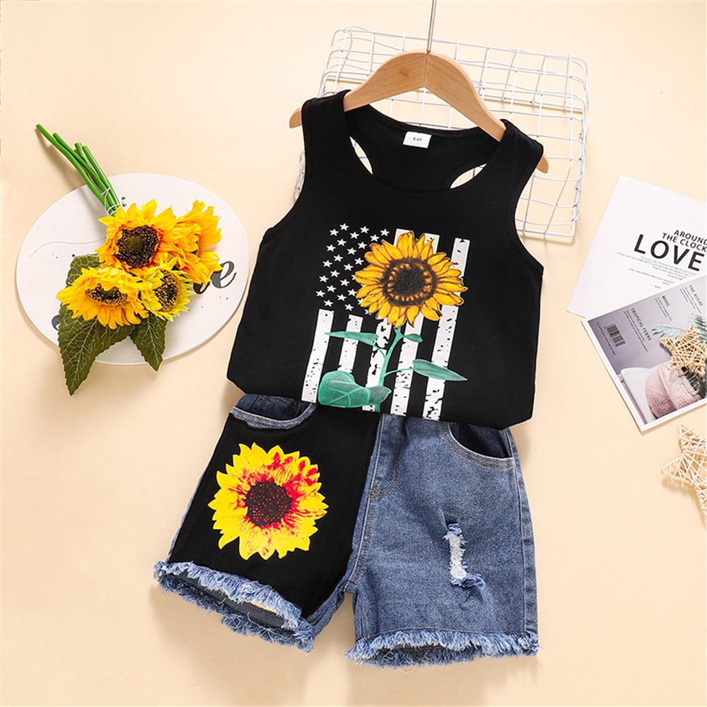 Girls Sleeveless Sunflower Printed Top & Denim Shorts kids clothing wholesale