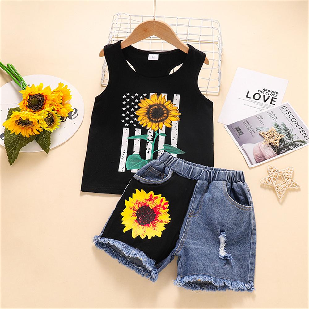 Girls Sleeveless Sunflower Printed Top & Denim Shorts kids clothing wholesale