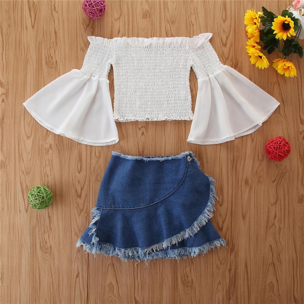 Girls Summer Girls' One Shoulder Flared Sleeve Chiffon Shirt & Denim Skirt Girls Clothing Wholesalers