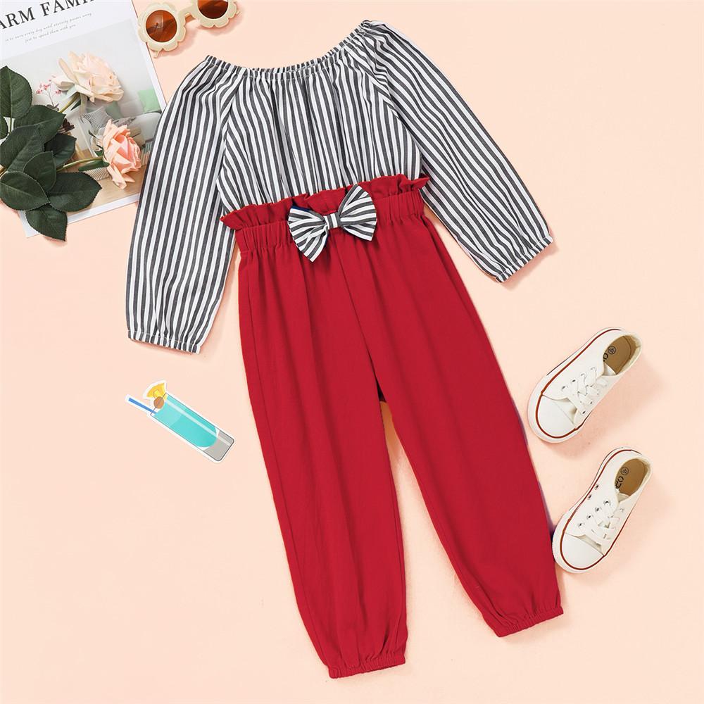 Girls' Striped Red Pants Suit Autumn Suit Kids Wholesale Clothing