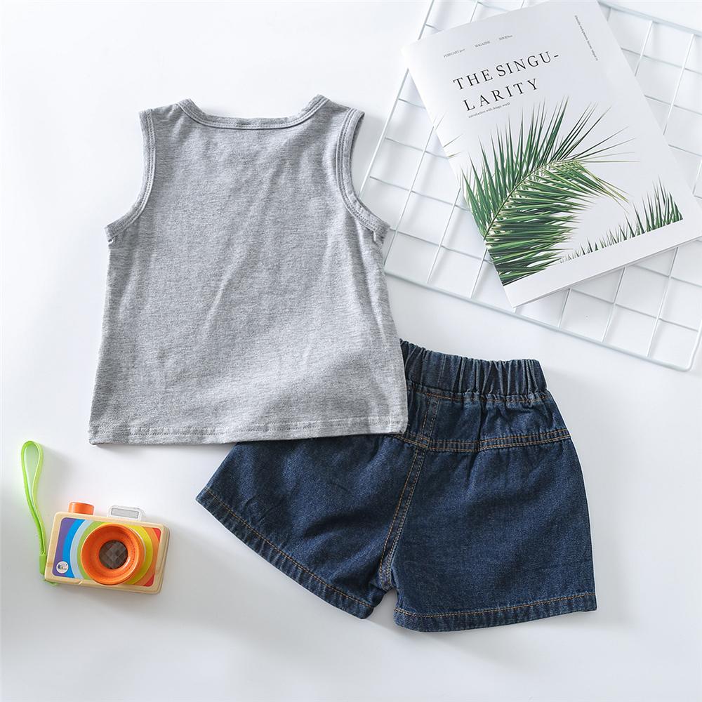 Unisex Gray Sleeveless Letter Printed Top & Denim Shorts wholesale kids boutique clothing