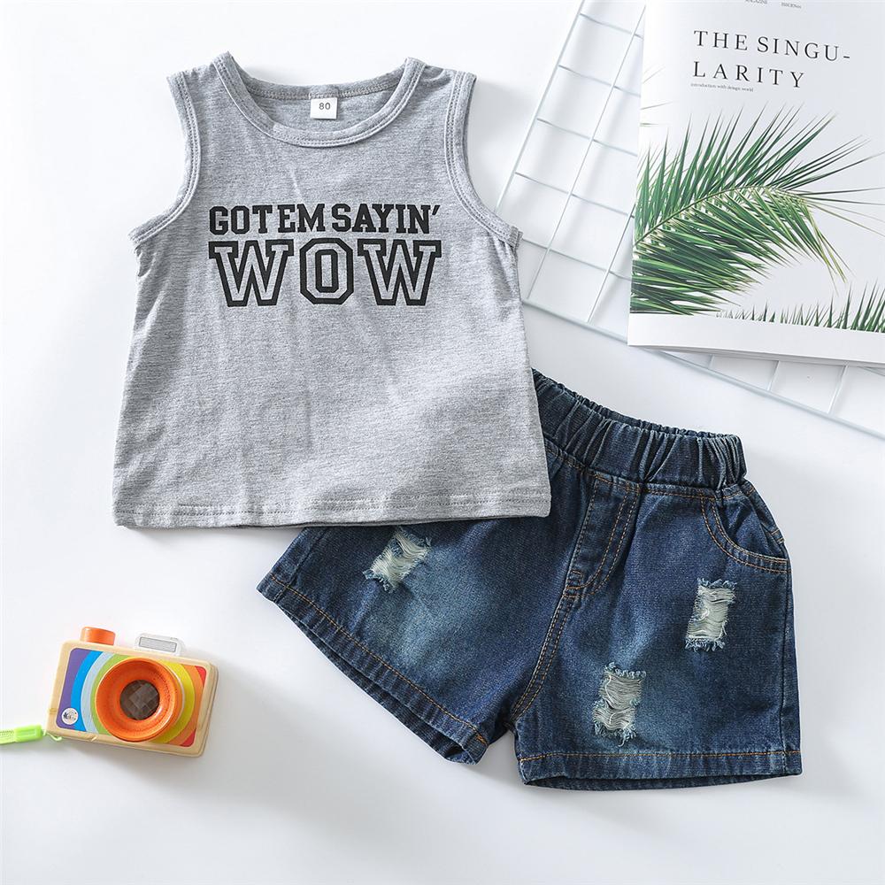 Unisex Gray Sleeveless Letter Printed Top & Denim Shorts wholesale kids boutique clothing