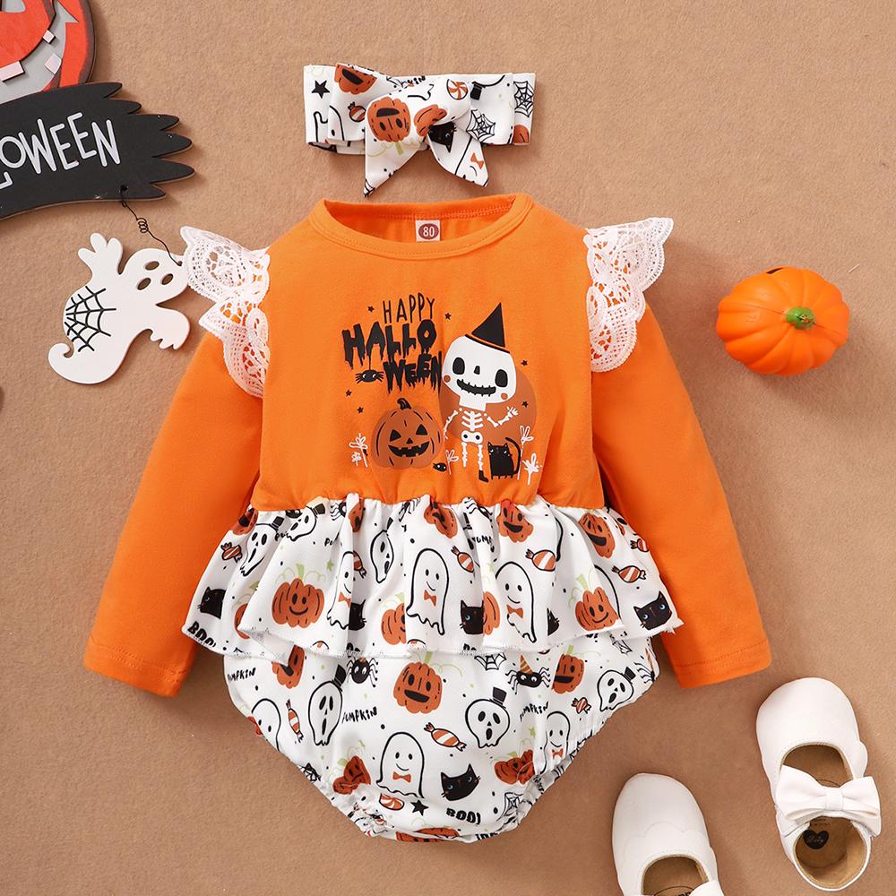 Baby Girls Halloween Cartoon Printed Long Sleeve Romper & Headband baby wholesale vendors