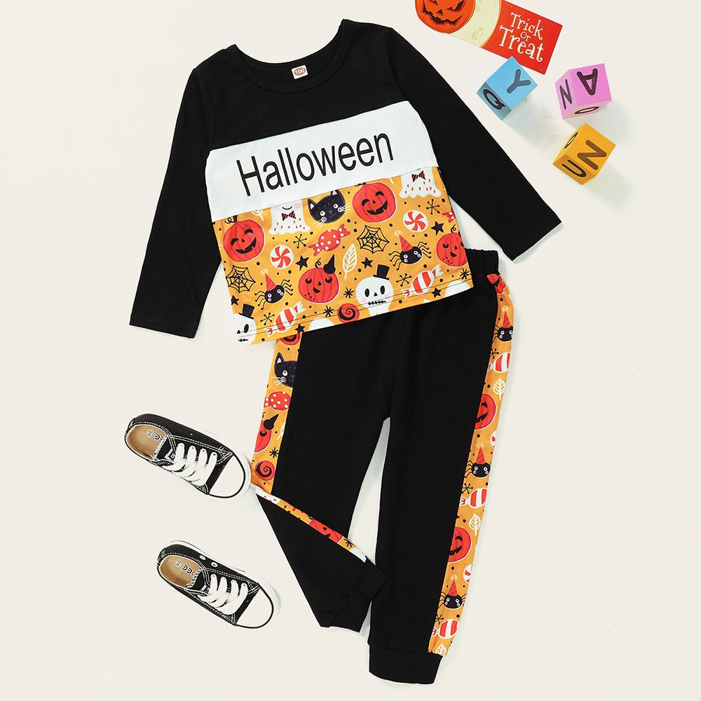 Children Halloween Letter Cartoon Printed Long Sleeve Top & Pants wholesale kids boutique clothing