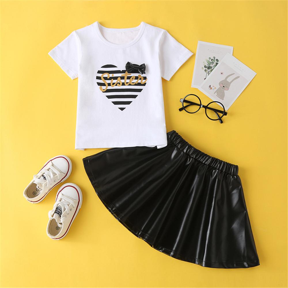 Girls Heart Striped Letter Printed Short Sleeve Top & PU Skirt children wholesale clothing