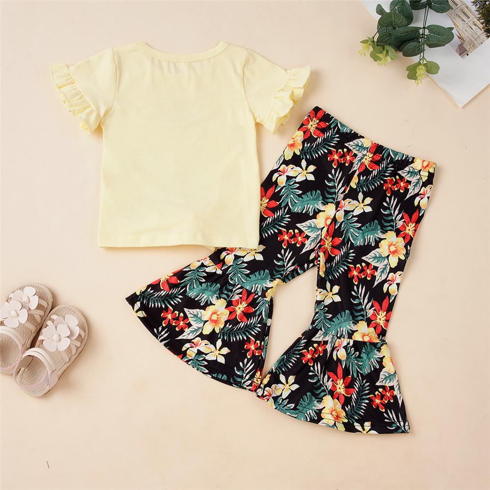 Girls Hello Summer Short Sleeve Plant Printed Top & Flared Pants Girls Clothing Wholesale
