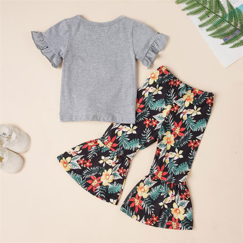 Girls Hello Summer Short Sleeve Plant Printed Top & Flared Pants Girls Clothing Wholesale