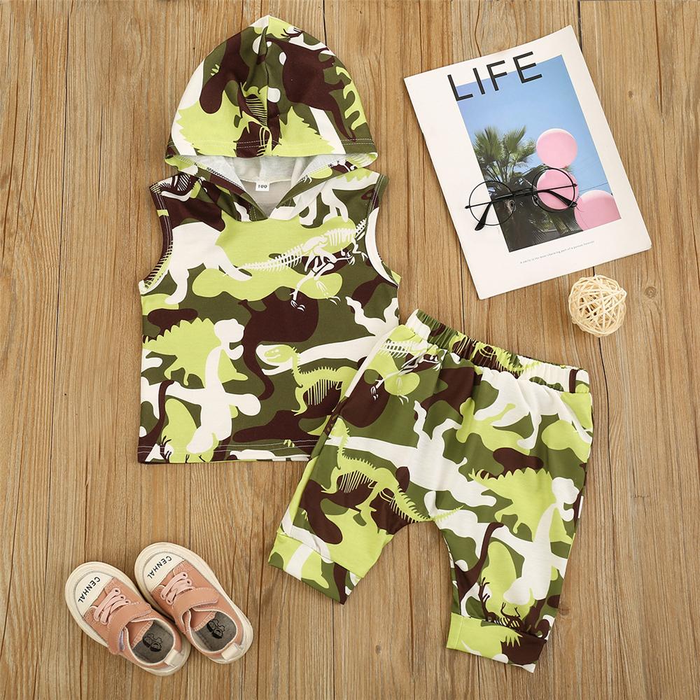 Boys Hooded Camo Sleeveless Dinosaur Printed Top & Shorts wholesale children's boutique clothing suppliers usa