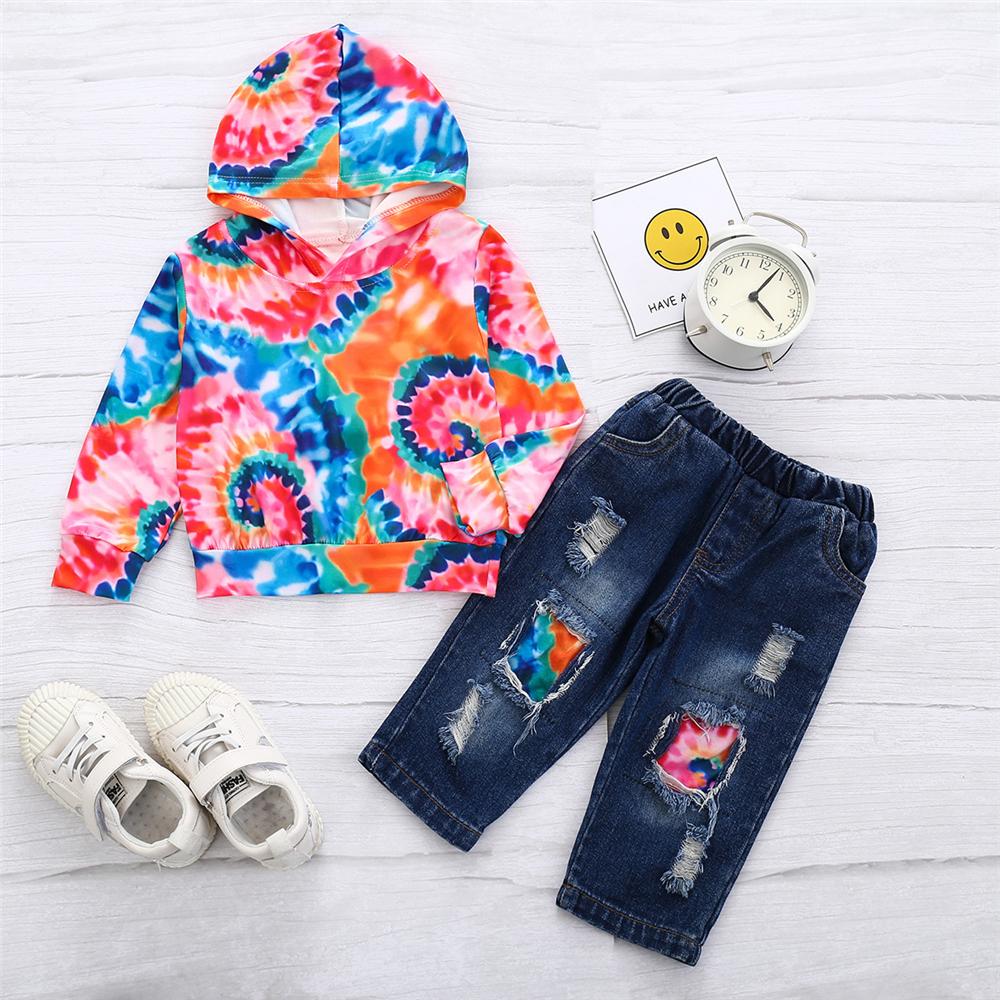 Girls Hooded Long Sleeve Tie Dye Top & Patch Jeans Girls Wholesale