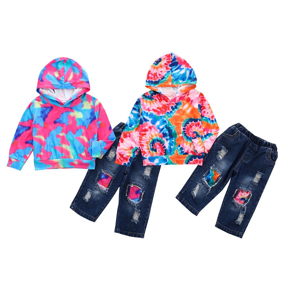 Girls Hooded Long Sleeve Tie Dye Top & Patch Jeans Girls Wholesale