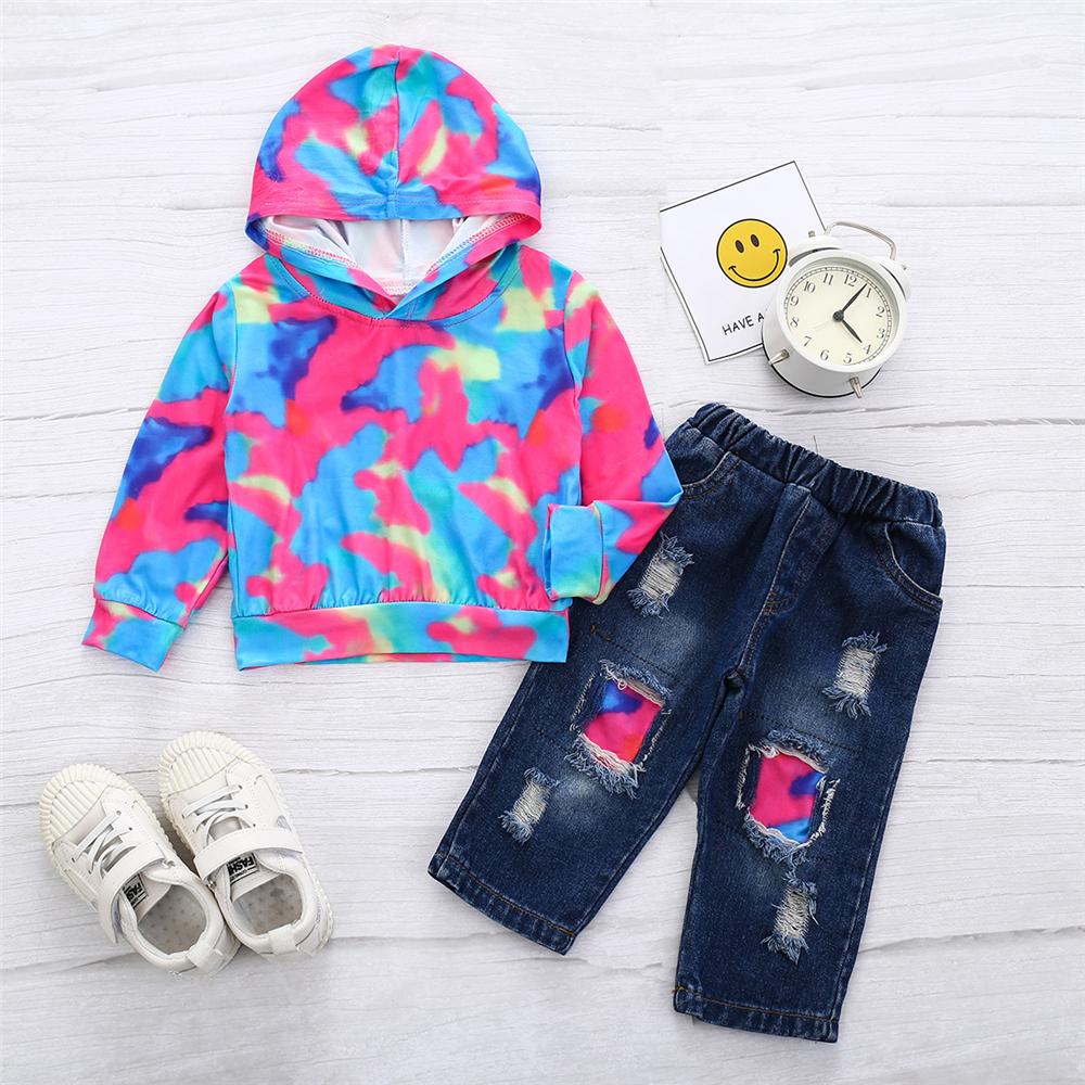 Girls Hooded Long Sleeve Tie Dye Top & Patch Jeans Girls Wholesale