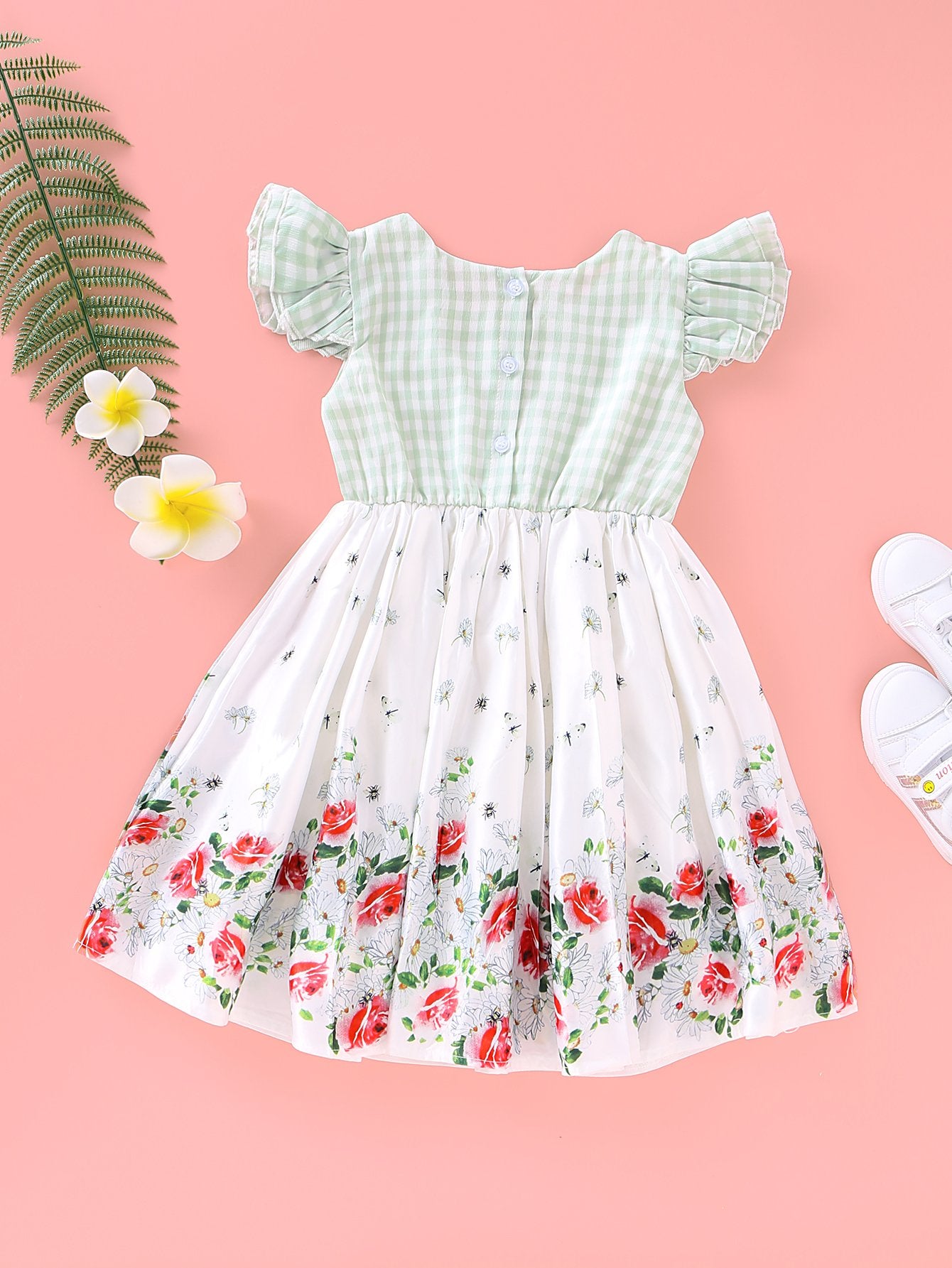 Baby Girls Plaid Floral Butterfly Embroidery Dress