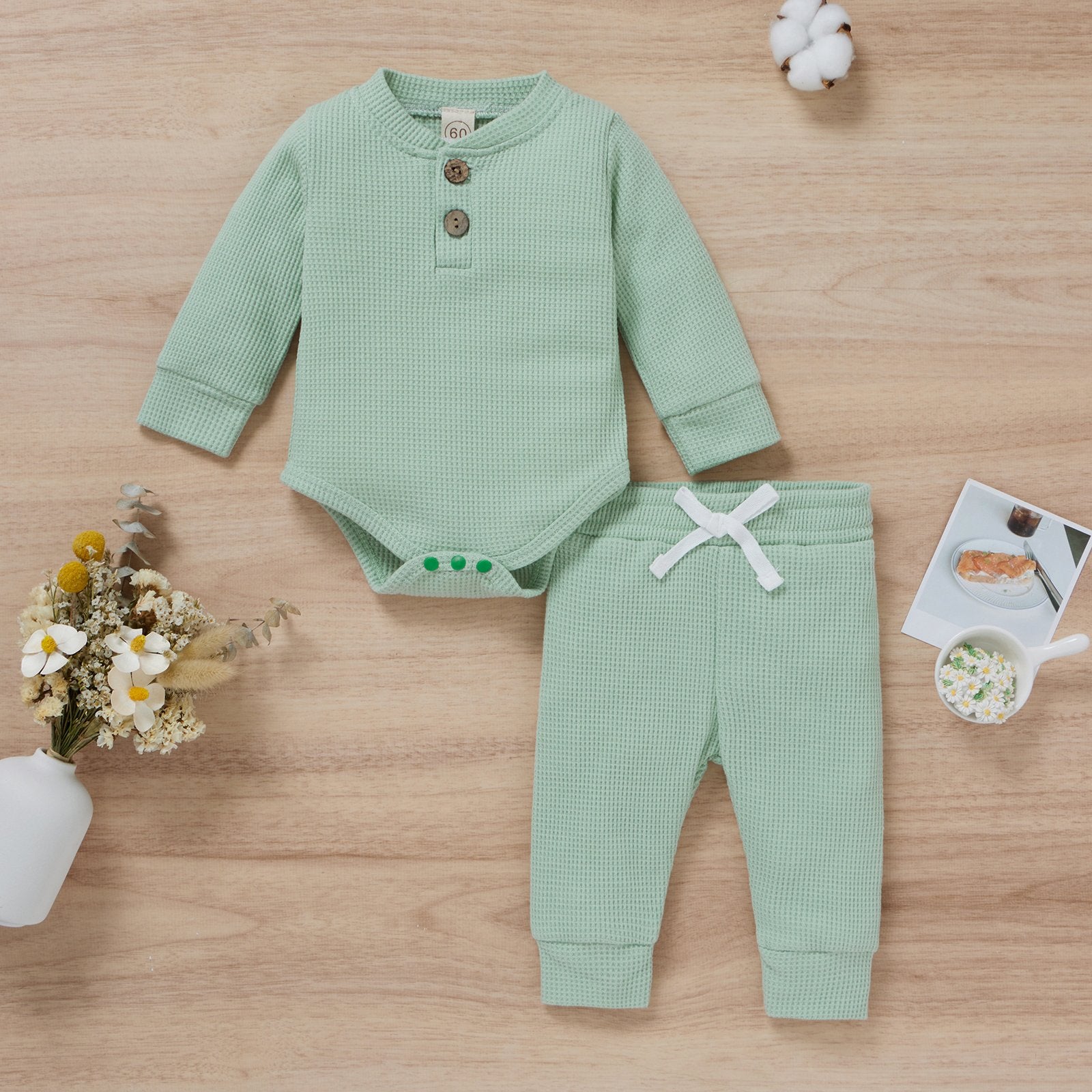 Waffle Stand Collar One-piece & Pants Two-Piece Set Wholesale