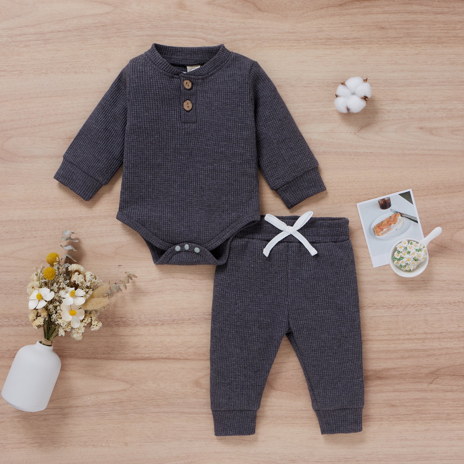 Waffle Stand Collar One-piece & Pants Two-Piece Set Wholesale