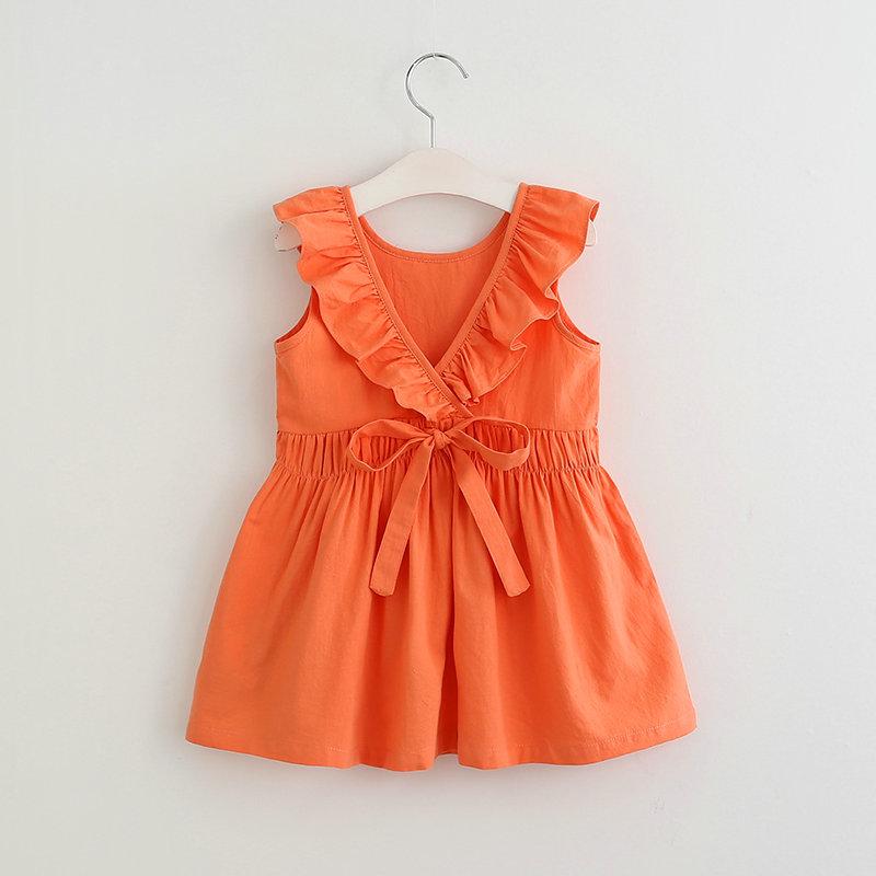 Cute Girls Sleeveless Doll Collar Solid Color Backless Dress