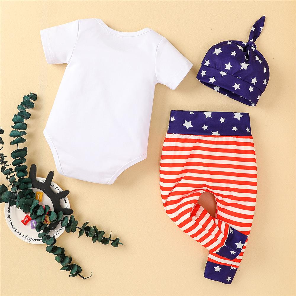 Baby Unisex Independence Day Letter Printed Short Sleeve Romper & Pants & Hat wholesale baby clothing