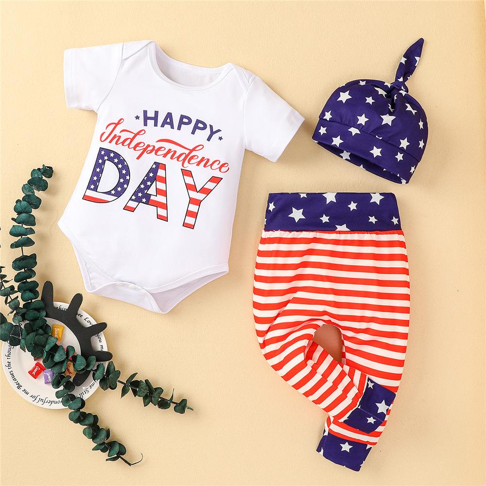 Baby Unisex Independence Day Letter Printed Short Sleeve Romper & Pants & Hat wholesale baby clothing