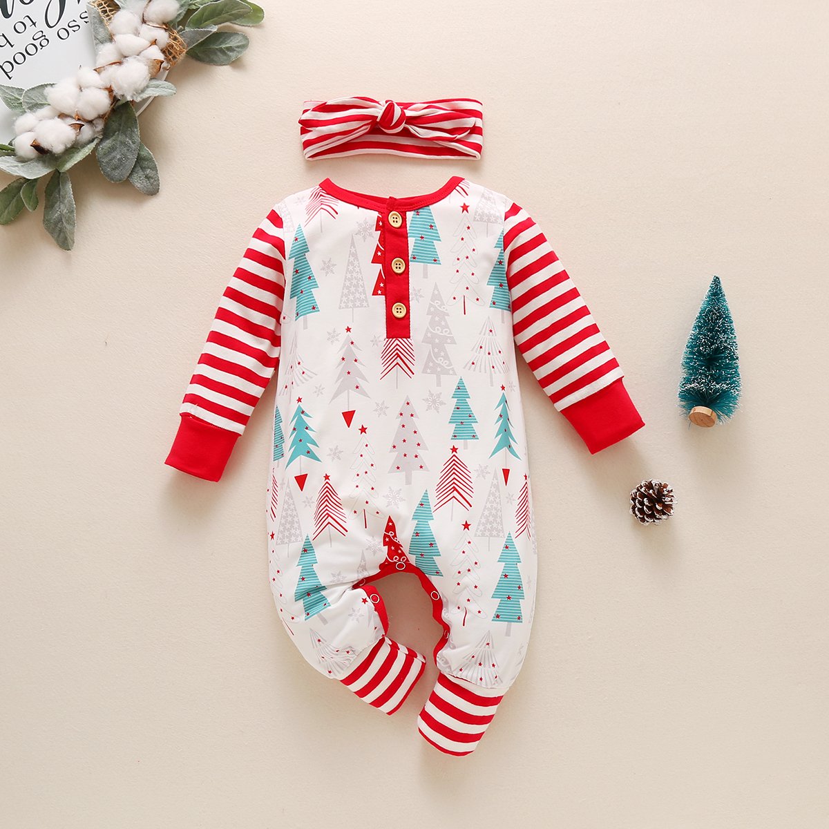 Christmas tree striped long-sleeved one-piece and headband wholesale