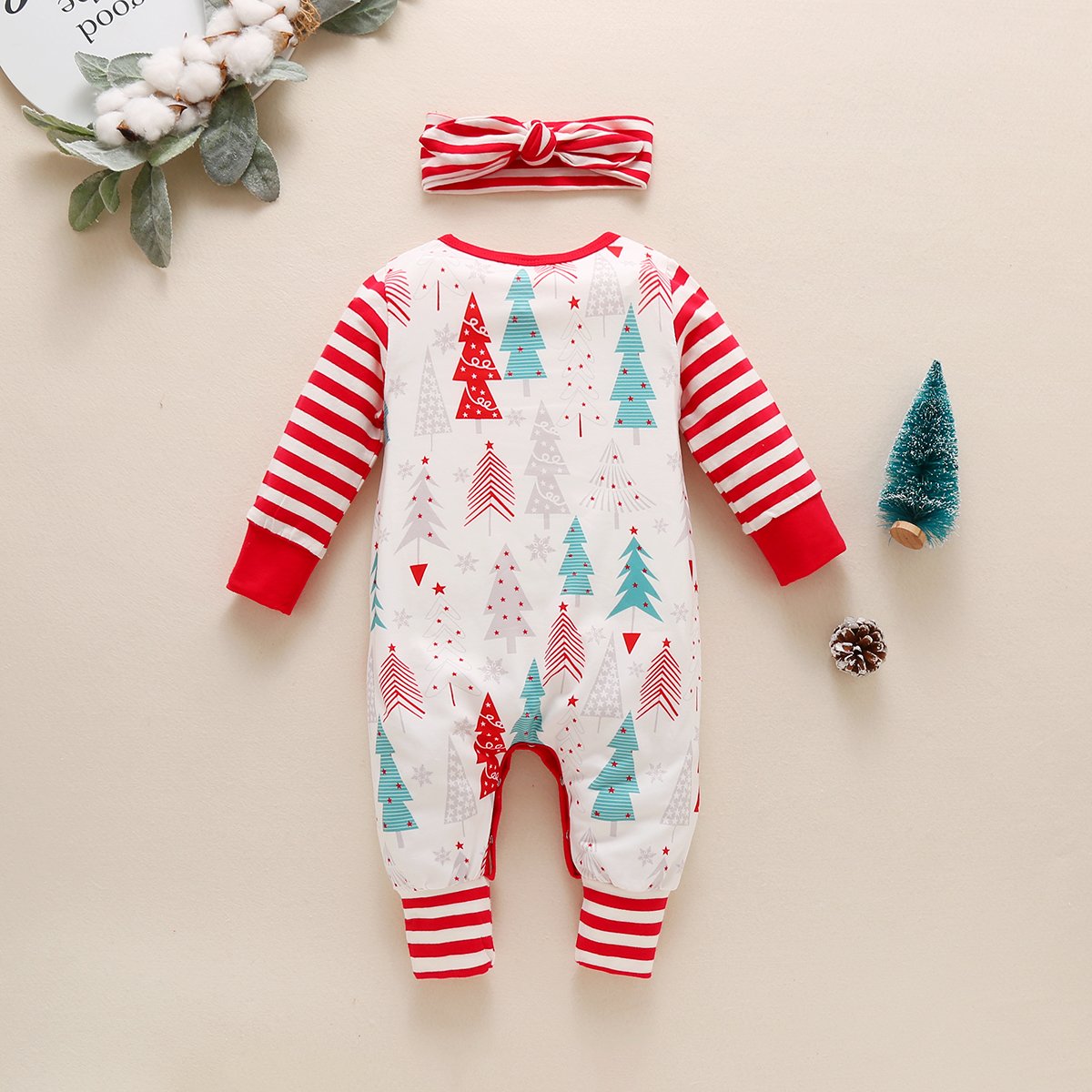 Christmas tree striped long-sleeved one-piece and headband wholesale