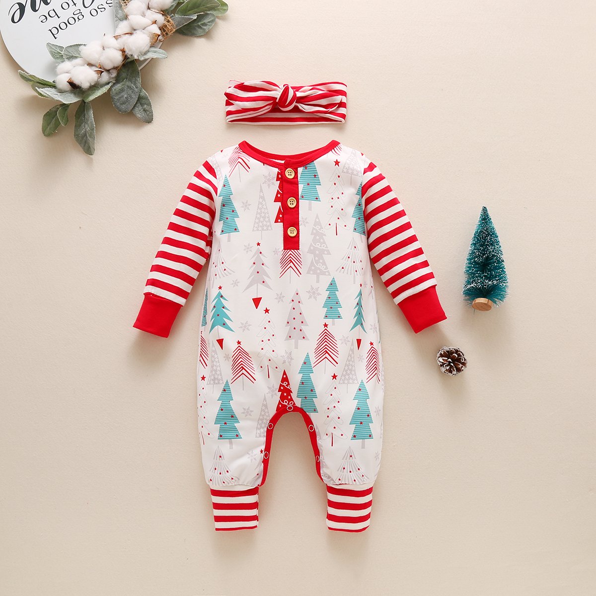 Christmas tree striped long-sleeved one-piece and headband wholesale