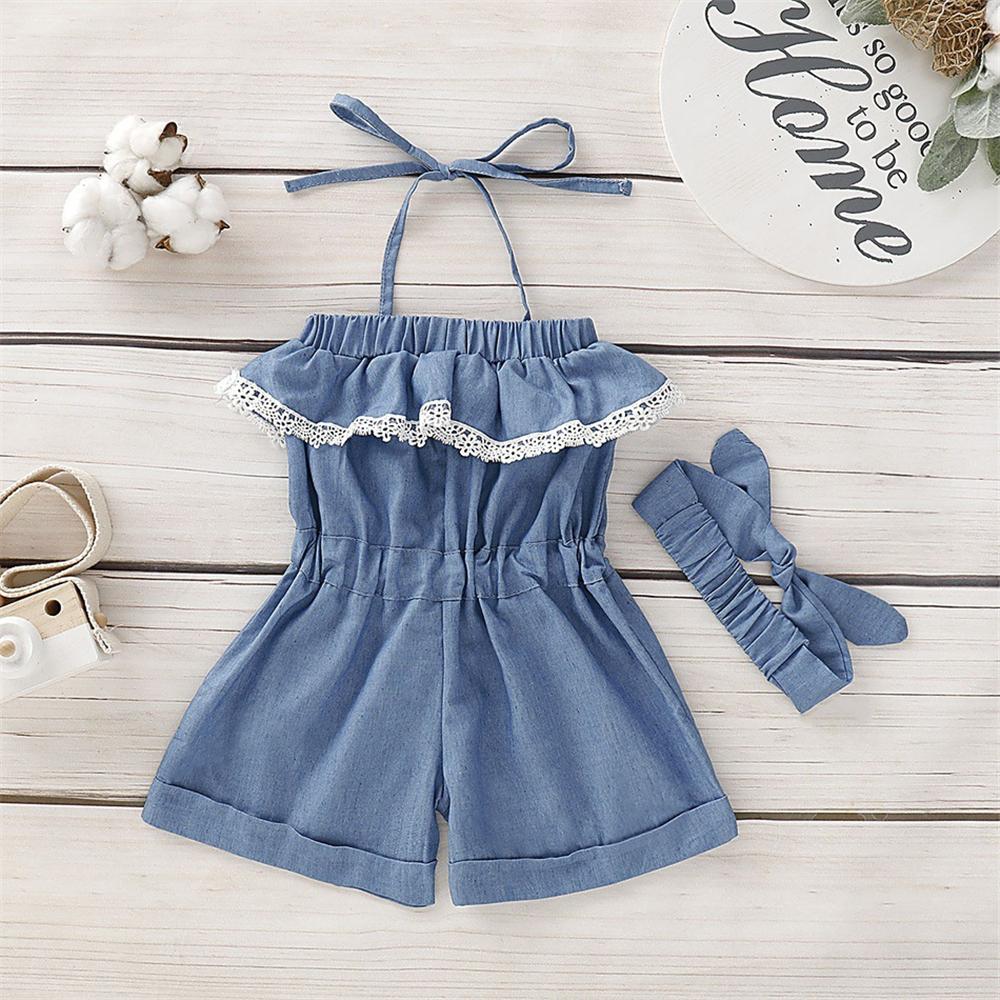 Girls Lace Bow Decor Decor Suspender Denim Jumpsuit & Headband Kids Clothing Suppliers
