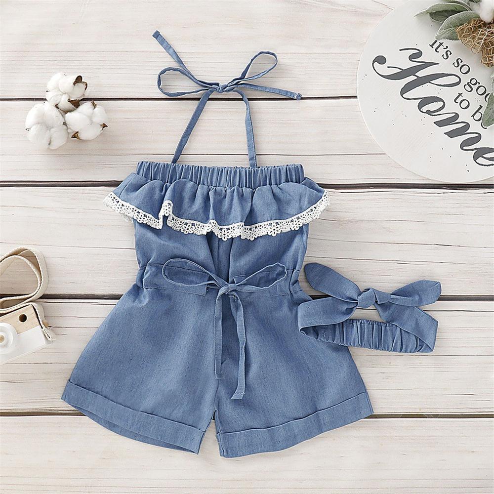 Girls Lace Bow Decor Decor Suspender Denim Jumpsuit & Headband Kids Clothing Suppliers