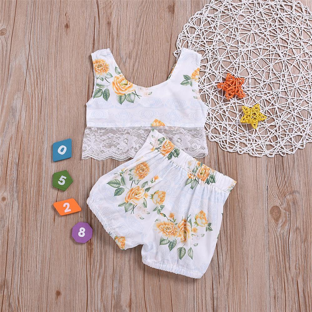 Girls Lace Flower Printed Sling Top & Shorts bulk baby clothes