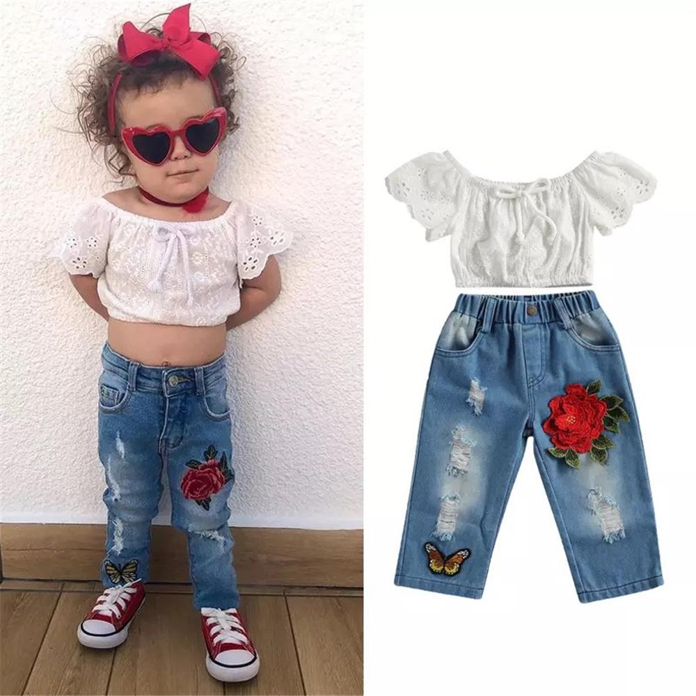 Girls Lace Hollow Out Short Sleeve Top & Embroidery Ripped Jeans Wholesale Girl Clothing