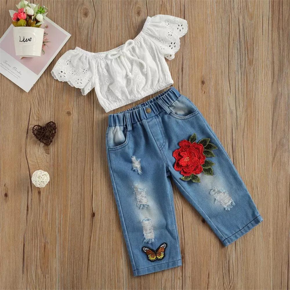 Girls Lace Hollow Out Short Sleeve Top & Embroidery Ripped Jeans Wholesale Girl Clothing