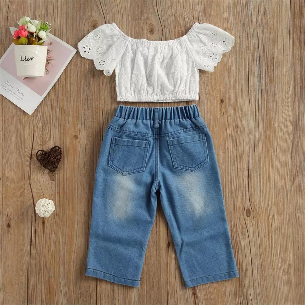 Girls Lace Hollow Out Short Sleeve Top & Embroidery Ripped Jeans Wholesale Girl Clothing